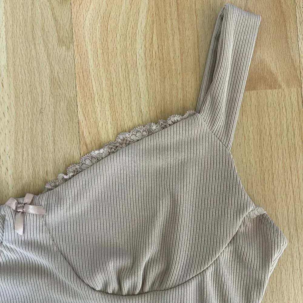 Y2K Beige Ribbed Bustier Crop Lace Trim Y2K Fairy Core Size Women Large - Picture 3 of 6